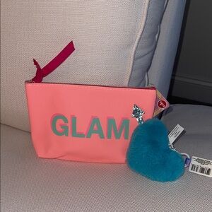 GLAM Cosmetic Pouch with Teal Heart faux fur Pom Pom bag charm/key holder NWT